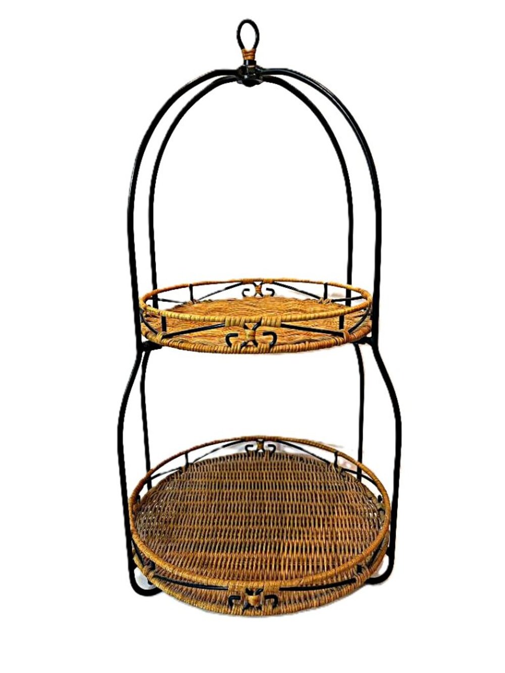 Vintage Princess House 2-Tier Wicker rattan & Wrought Iron Stand Folding Server